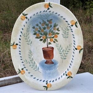 SAKURA GRACEY KNIGHT Topiary Peach Print Oblong Bowl 14.5X11.5X3” EUC